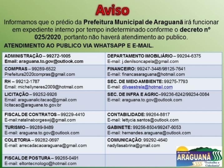 AVISO IMPORTANTE SOBRE HORÁRIO DE FUNCIONAMENTO DA PREFEITURA MUNICIPAL DE ARAGUANÃ